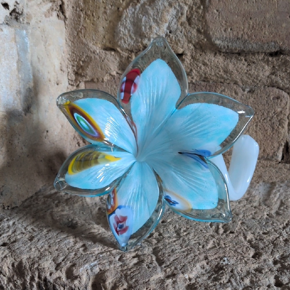 Murano Blue Floral Glass Sculpture with Multicolor Accents